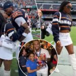 Simone Biles kisses Jonathan Owens on the sideline before a Bears game