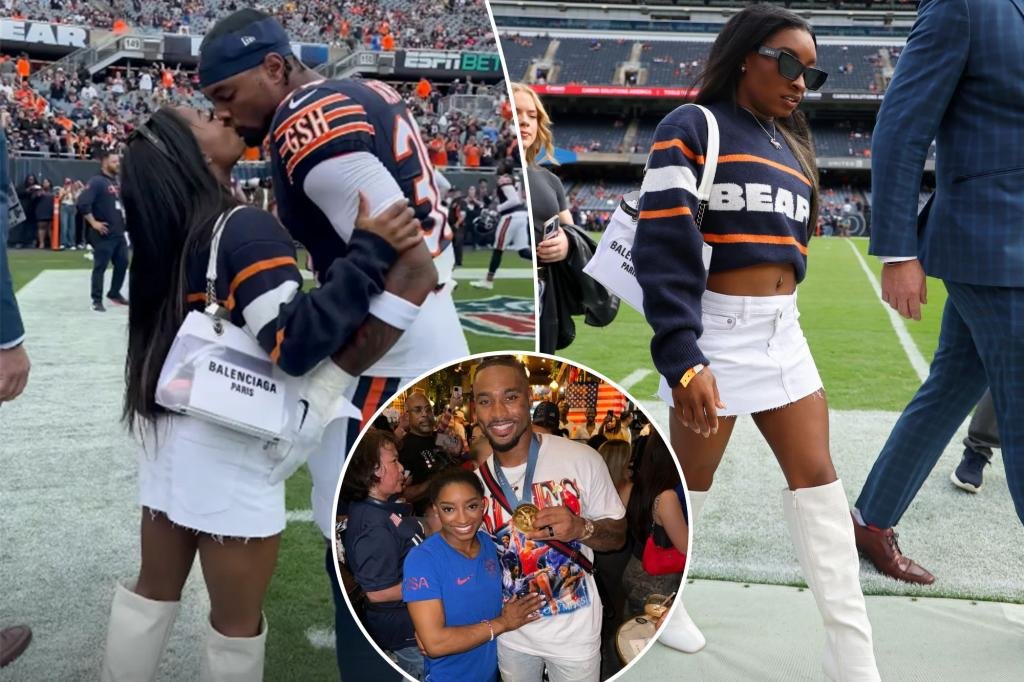 Simone Biles kisses Jonathan Owens on the sideline before a Bears game