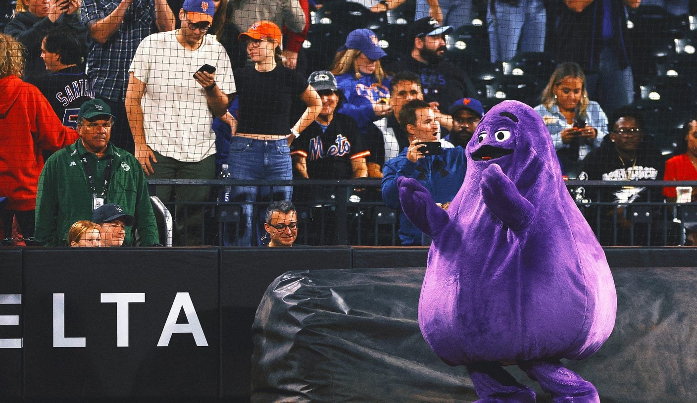 Grimace decals were placed on New York City trains before the Mets' first home playoff game